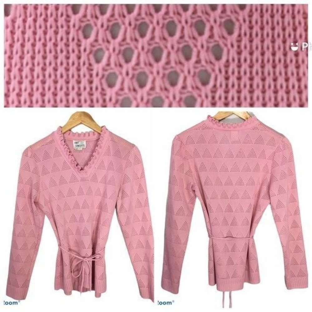 Vintage 70's Belted Sweater Pointelle Puff Sleeves, Open Knit Ruffled V Neck Top